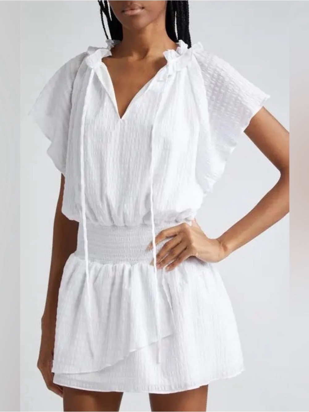 Ramy Brook White Cotton Textured Smocked Mini Dress